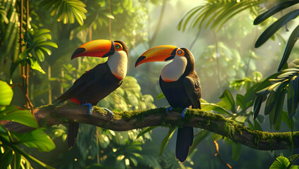 Obraz premium Two vibrant toucans perched on a branch in a lush tropical rainforest, surrounded by green foliage and dappled sunlight.