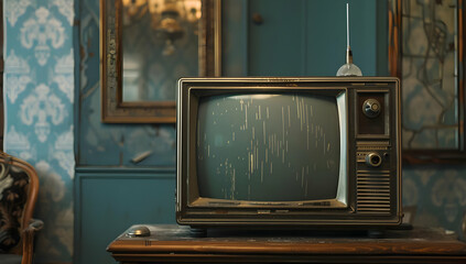 Vintage TV in retro room with floral wallpaper, antique mirror, and wooden furniture, creating a nostalgic atmosphere.