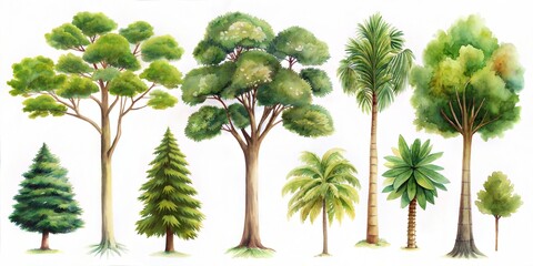 set of watercolor trees. hand drawn illustrations