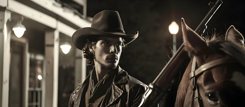 Western cowboy with hat and horse, standing under street lights, looking fiercely at something. Black and white night photography.