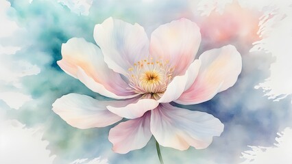 Delicate watercolor illustration of a soft pink and white peony flower in full bloom with a yellow center and light blue background.