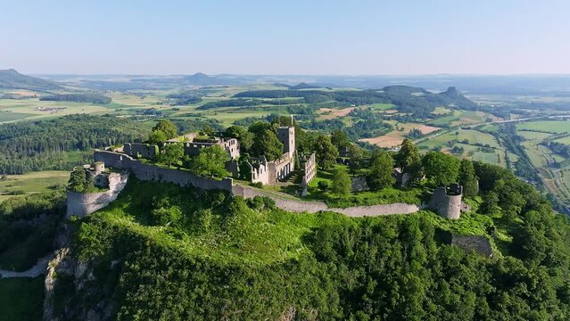 Aerial view of the Hohentwiel volcanic cone with Germany's largest fortress ruins, the Hegau mountains on the horizon, district of Constance, Baden-W&uuml;rttemberg, Germany, Europe