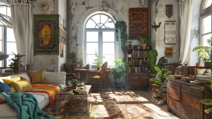 Bohemian workplace interiors are eclectic and relaxed, blending patterns, colors, and textures. They feature vintage furniture, plants, and artisanal decor for a unique, laid-back atmosphere.
