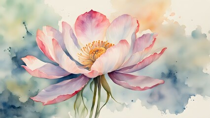 Delicate watercolor illustration of a soft pink peony in full bloom with a yellow center and green stem on a pale blue background with splashes of color.