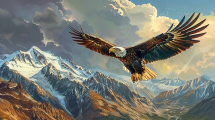 Obraz premium A majestic eagle soars above the snow-capped mountains, embodying freedom and grace.
