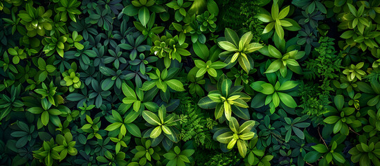 Obraz premium A lush green vertical garden wall filled with various plants and leaves, creating a rich, natural, and vibrant background.