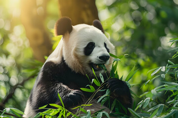 Obraz premium A serene image of a giant panda eating bamboo in a lush, green forest with sunlight filtering through the trees.