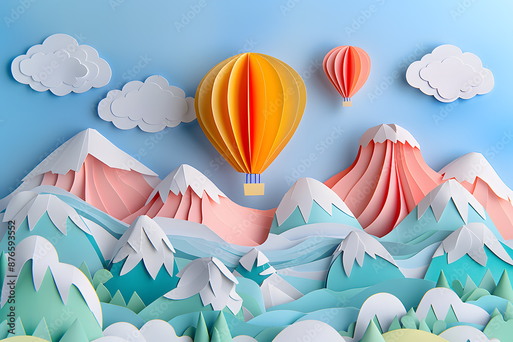 Wall mural hot air balloons and mountains. paper-cut landscape