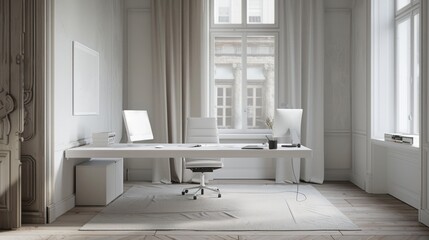 A minimalist home office features simplicity, functionality, limited colors, minimal furniture, and a serene atmosphere, ideal for focused work.
