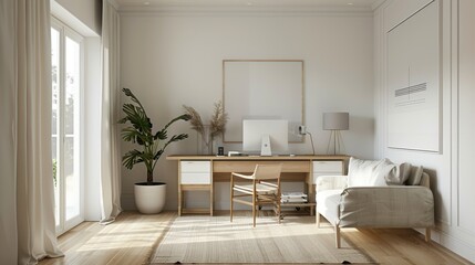 Fototapeta premium A minimalist home office features simplicity and functionality, with a limited color palette, sparse furniture, and a serene, uncluttered ambiance. 