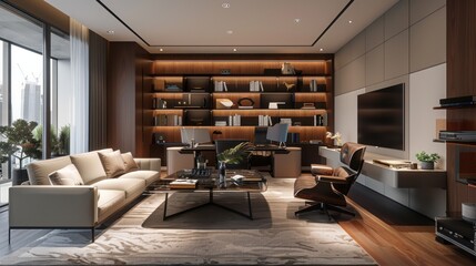 Contemporary home office interiors blend styles, integrating modern technology for a clean, sophisticated aesthetic that evolves with current design trends.
