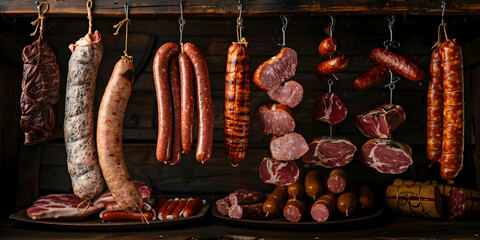 Assorted cured meats and sausages hanging in a rustic setting, showcasing a variety of charcuterie for gourmet and culinary enthusiasts.