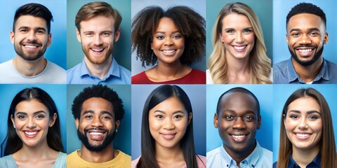 collage of diverse people with facial expression and smiling faces, blue background
