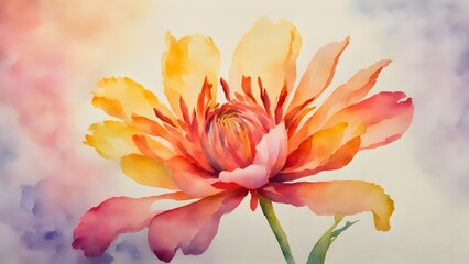 Obraz premium Watercolor painting of a vibrant orange and pink flower in full bloom with a soft gradient background.