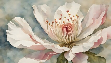 Watercolor painting of a delicate and ethereal white flower with pinkish edges, set against a soft blue background.