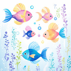 Obraz premium A group of colorful fish swimming in a blue ocean. Watercolor painting style.