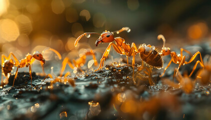 Close-up of ants working together on a forest floor, bathed in warm, golden sunlight. Perfect for nature and teamwork concepts.