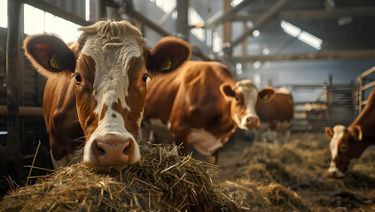 Close-up of cows in a barn eating hay. The rustic farm setting highlights the agricultural lifestyle and animal husbandry.