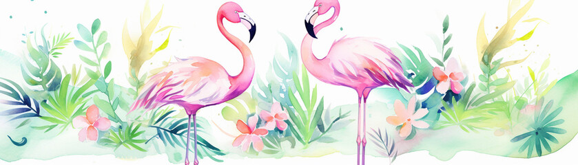 Naklejka premium Two pink flamingos standing in a lush green forest. Watercolor painting style.