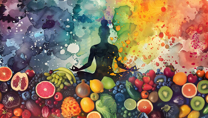 Colorful watercolor meditation scene with silhouetted figure above vibrant fruits, symbolizing balance between mind and nature.