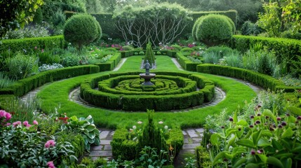 A formal garden is meticulously arranged with geometric shapes, trimmed hedges, symmetrical patterns, and defined pathways, exuding elegance and order.
