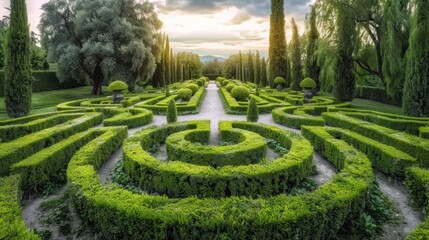 A formal garden features symmetrical designs, precise hedges, and geometric patterns. It showcases topiaries and meticulously maintained lawns, offering a structured and elegant aesthetic.
