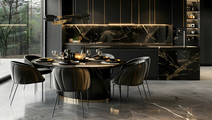 Elegant modern kitchen with black and gold accents, featuring a stylish dining area and luxurious marble countertops.