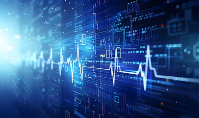 Obraz premium Futuristic digital heartbeat graph on a blue background, representing technology, data, and innovation.