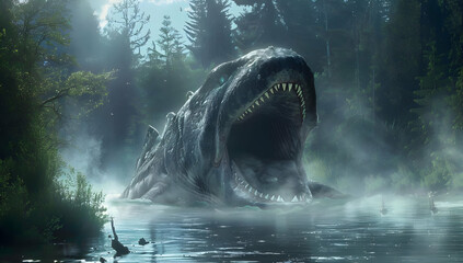 Giant aquatic creature emerging from a misty forest lake, showing its massive jaws and sharp teeth in a thrilling, cinematic scene.