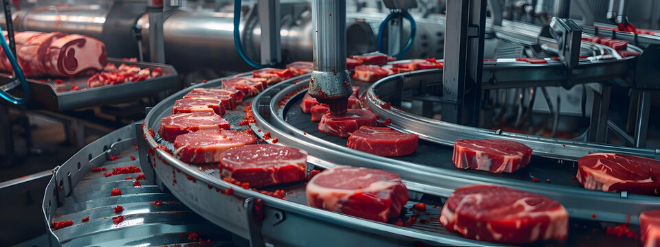 Industrial meat processing conveyor belt with raw beef steaks in a factory setting, showcasing automated food production and technology.