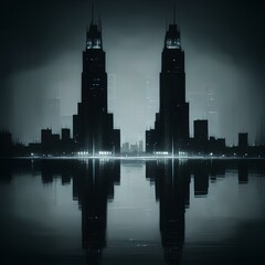 Obraz premium Striking night view of two symmetrical skyscrapers reflecting perfectly on a calm water surface, creating a dramatic and futuristic urban scene. The monochromatic color scheme and misty background 