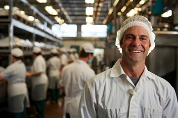 Smiling worker in a white uniform and hairnet standing in a busy food processing plant with colleagues working in the background.