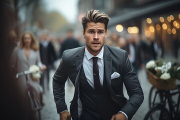 Corporate race - a businessman running, embodying concept of fast work and corporate lifestyle, illustrating demands of modern life and pursuit of business success in a dynamic world.