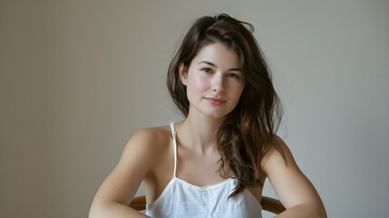 Fototapeta premium Studio portrait of a brown-haired woman with long hair, wearing a white T-shirt, isolated on a light gray background with space for text. Model for commercial shooting, beautiful woman.