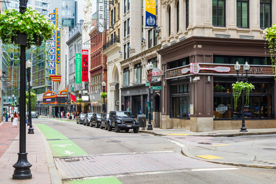 Historic landmarks and vibrant signages on Washington Street, on June 22, 2024,  Boston, Massachusetts, USA