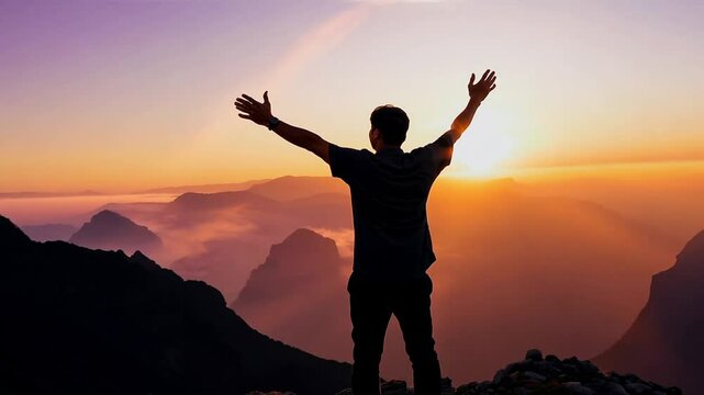 Man on a mountain top spreading arms at sunset