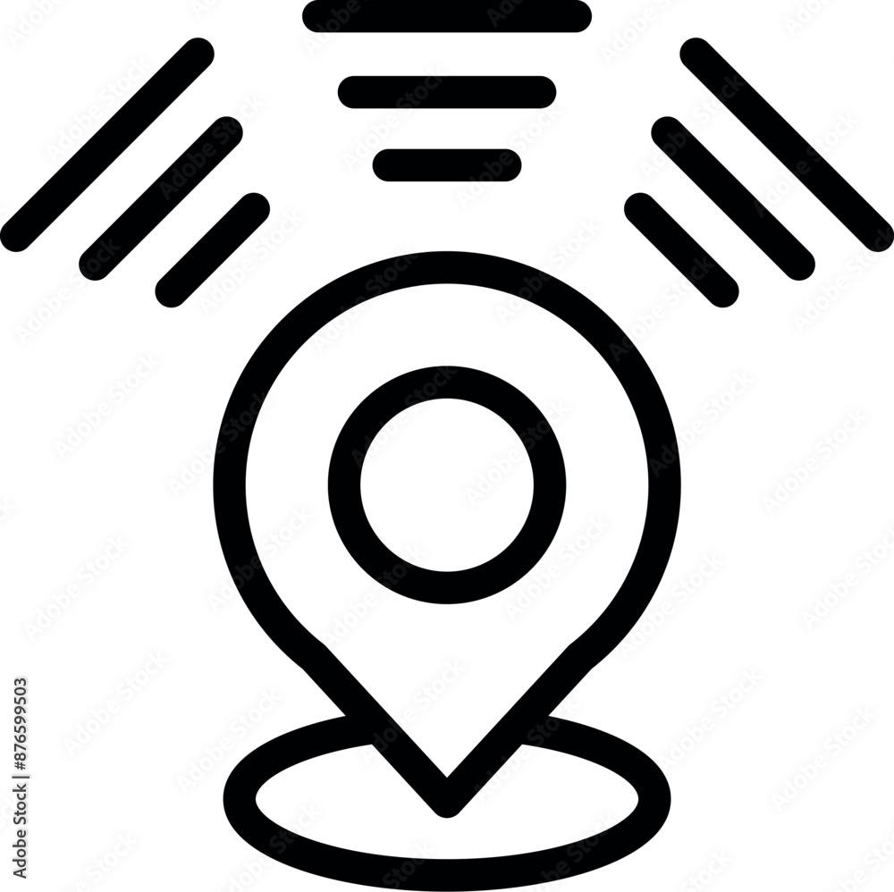 Poster simple line icon of a location pin sending signals, representing a fixed position on a map