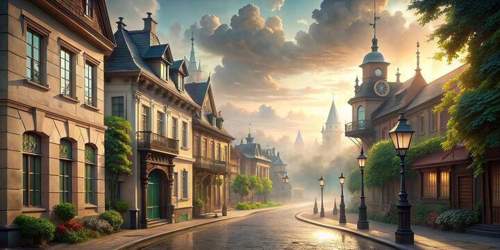 architecture, 1800s, Nostalgic portrayal of tranquil morning street scene, adorned with Rococo-style details, under cloudy sky with subtle mist, creating sense of serenity.