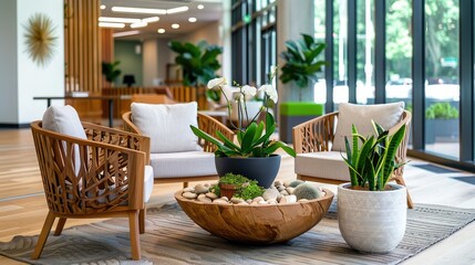 Fototapeta premium Modern office lobby with stylish furniture, indoor plants, and large windows creating a bright and welcoming environment.