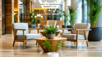 Modern office lounge area with stylish furniture, green plants, and natural lighting, creating a relaxing and professional atmosphere.