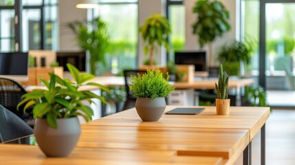 Bright modern office space with wooden desks, green plants, and large windows offering a fresh and productive work environment.