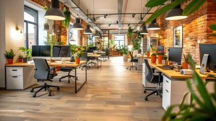 Naklejka premium Modern office space with stylish decor, plants, and comfortable workstations, exuding a productive and vibrant atmosphere.