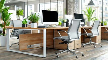 Fototapeta premium Modern open-plan office space with desks, computers, and ergonomic chairs, decorated with green plants, offering a bright, productive work environment.