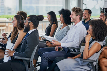 Corporate, development and seminar with business people in conference room for learning or...