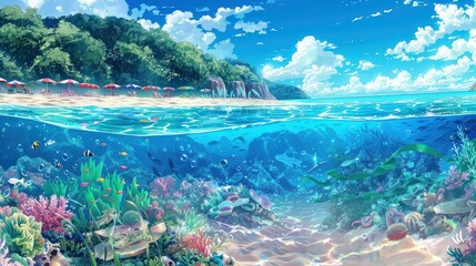 A captivating split-shot of a beach landscape in anime style, depicting both the underwater world and the above-water scenery. The upper half of the image features a vibrant beach with golden sand,