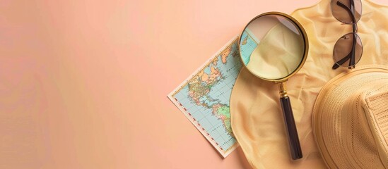 Fototapeta premium Planning a Trip with a World Map, Magnifying Glass, and Hat