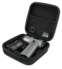 Tool set, Cordless electric screwdriver and bit set, in one case, on white background