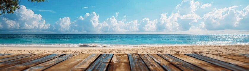 Fototapeta premium Tranquil Seaside Escape - Empty Wooden Surface with Soft-focus Beach and Ocean View