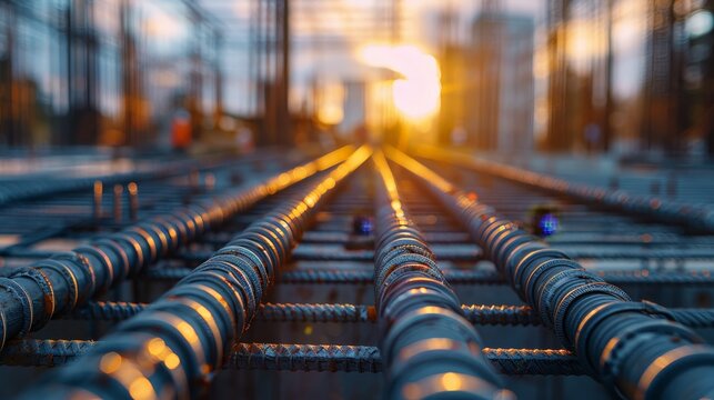 Strong Reinforced Steel Bars at Construction Site with Blurred Building Framework Background