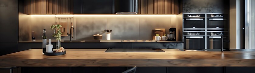 Modern kitchen countertop with wood grain and blurred background.